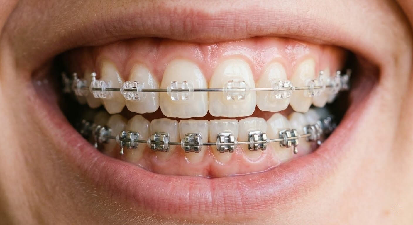 Сапфировые брекеты на верхней челюсти и металлические на нижней